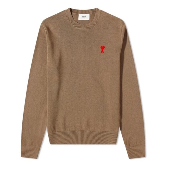 Ami Paris Small Ami de Couer Heart Merino Wool Sweater in Tan Taupe XS - Picture 1 of 8